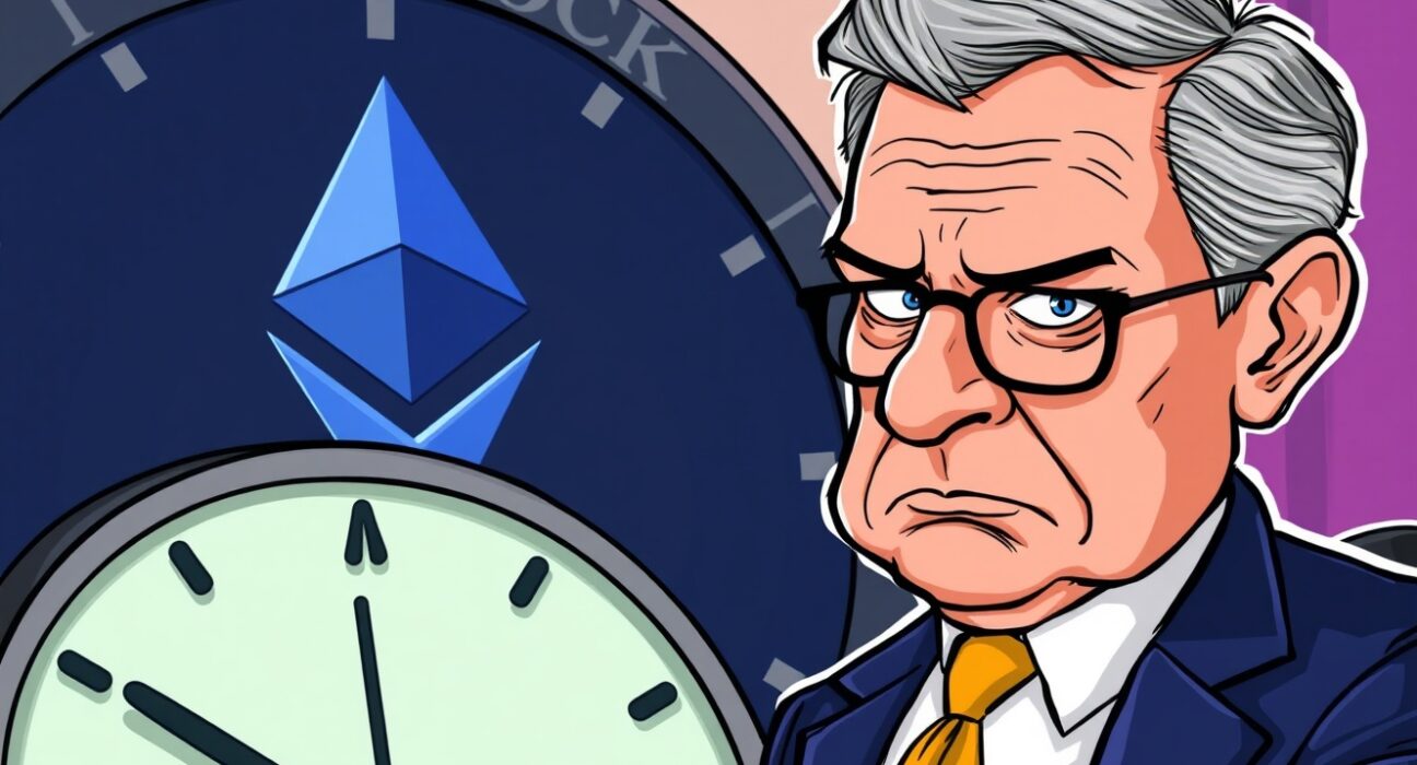 A cartoon illustration showing the SEC extending the review deadline for the BlackRock spot ETH ETF, highlighting market anticipation.