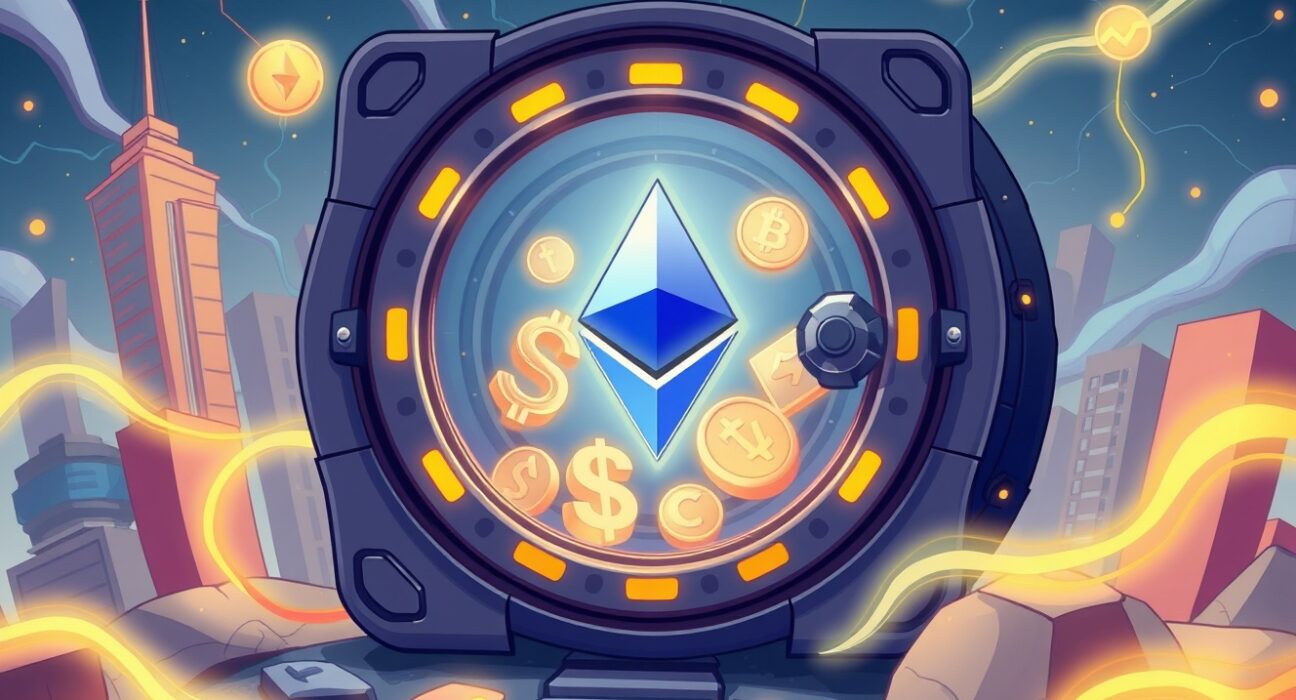 Staked ETH trust ETF represented as a secure digital vault glowing with Ethereum symbols in a vibrant financial landscape.