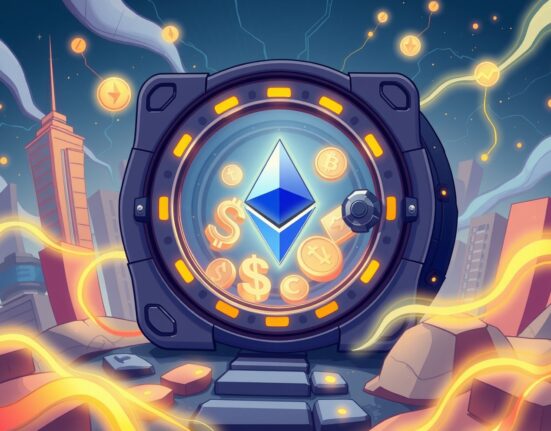 Staked ETH trust ETF represented as a secure digital vault glowing with Ethereum symbols in a vibrant financial landscape.