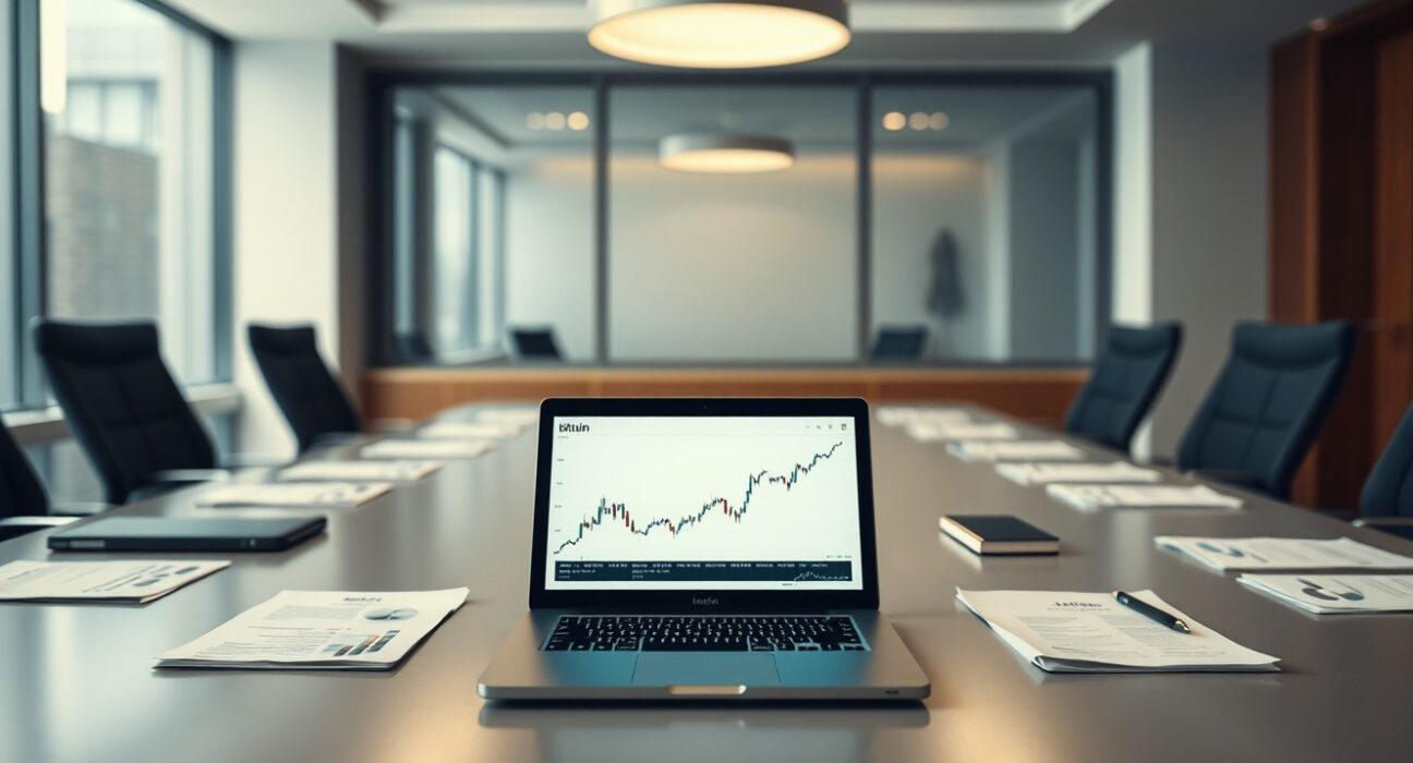 BlackRock Bitcoin ETF filing documents on a conference table with a laptop showing a Bitcoin chart.
