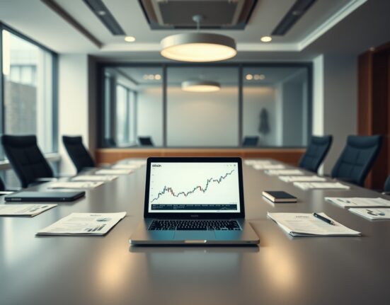 BlackRock Bitcoin ETF filing documents on a conference table with a laptop showing a Bitcoin chart.