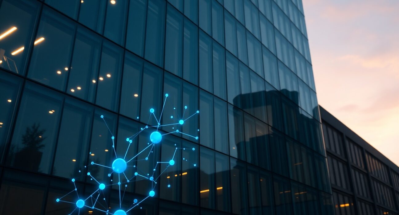 Modern office building with digital blockchain network overlay representing BlackRock's tokenized asset growth