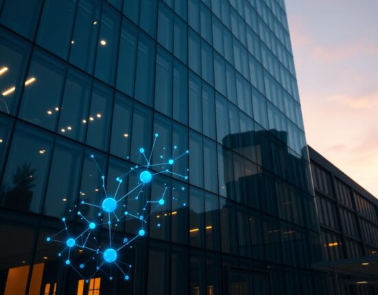 Modern office building with digital blockchain network overlay representing BlackRock's tokenized asset growth