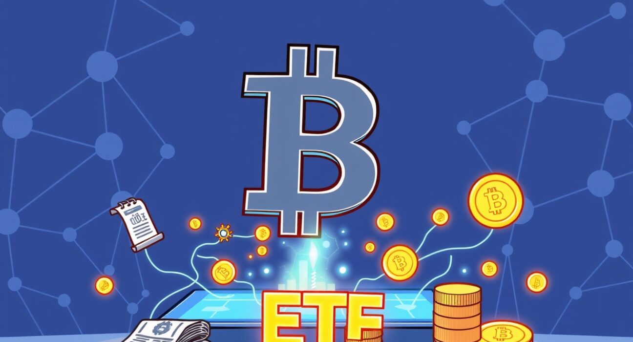 Cartoon illustration of BlackRock's vision for the future of finance, with traditional assets becoming tokenized ETFs on a digital blockchain platform.