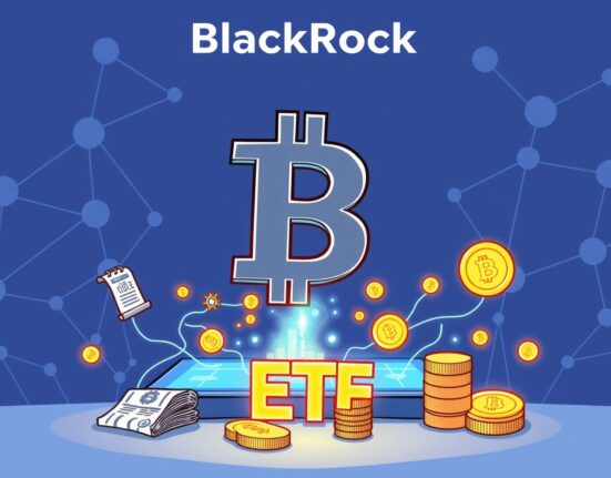 Cartoon illustration of BlackRock's vision for the future of finance, with traditional assets becoming tokenized ETFs on a digital blockchain platform.