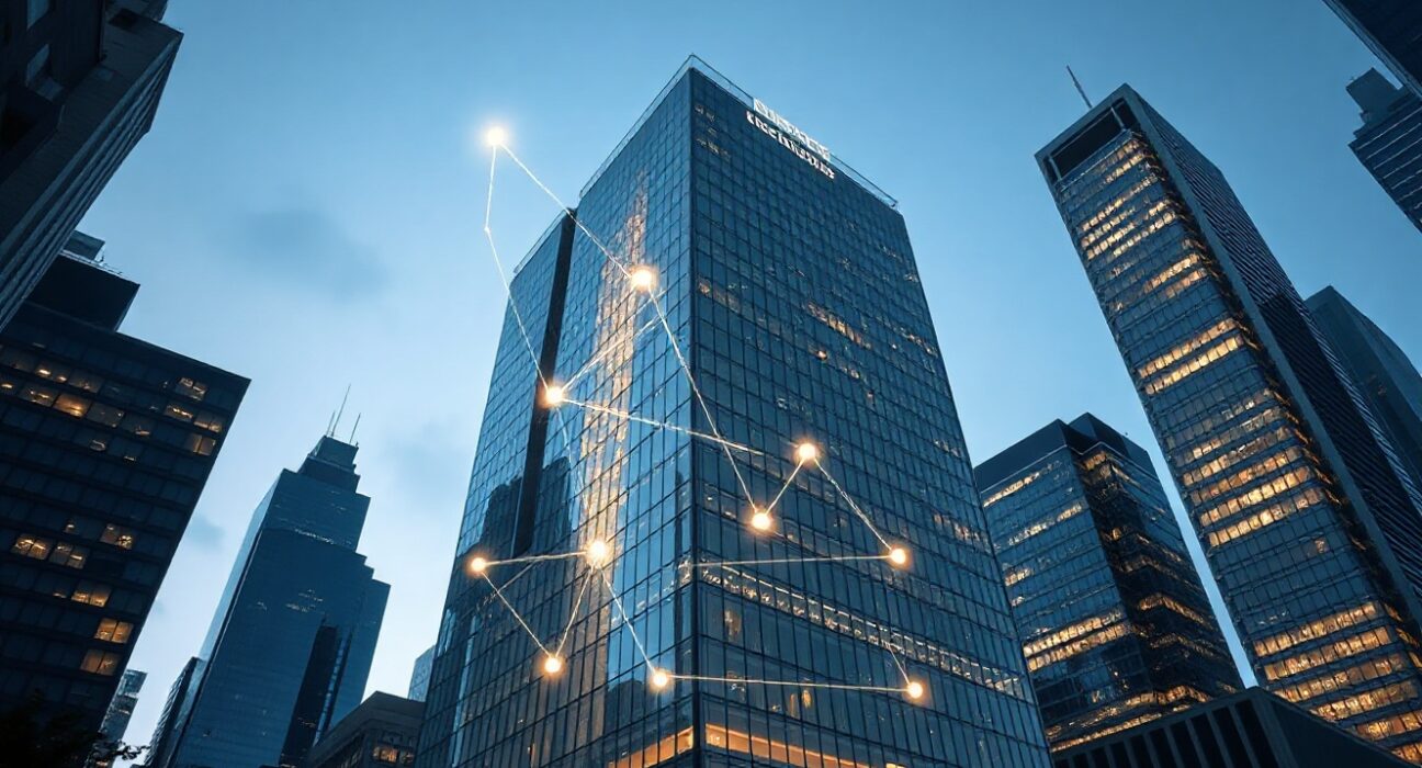 Modern financial district skyline with digital blockchain overlay representing tokenized assets