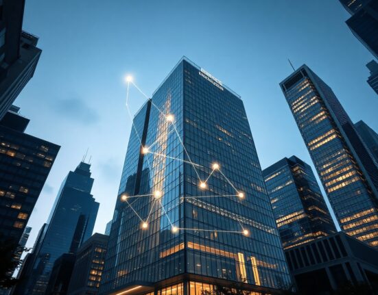 Modern financial district skyline with digital blockchain overlay representing tokenized assets