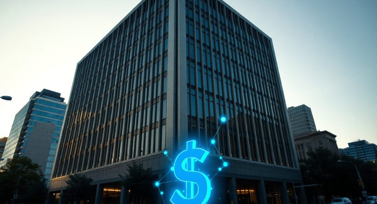 BlackRock office building with digital blockchain overlay symbolizing tokenized cash management products