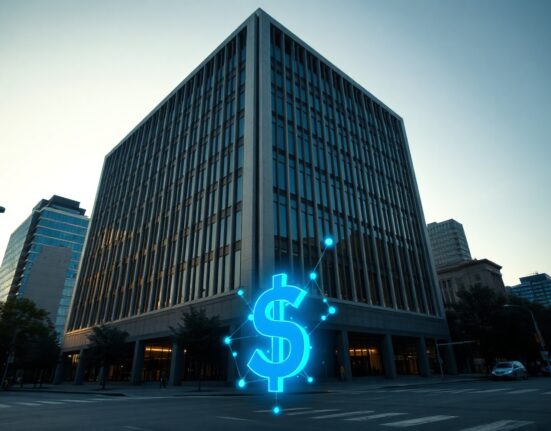 BlackRock office building with digital blockchain overlay symbolizing tokenized cash management products