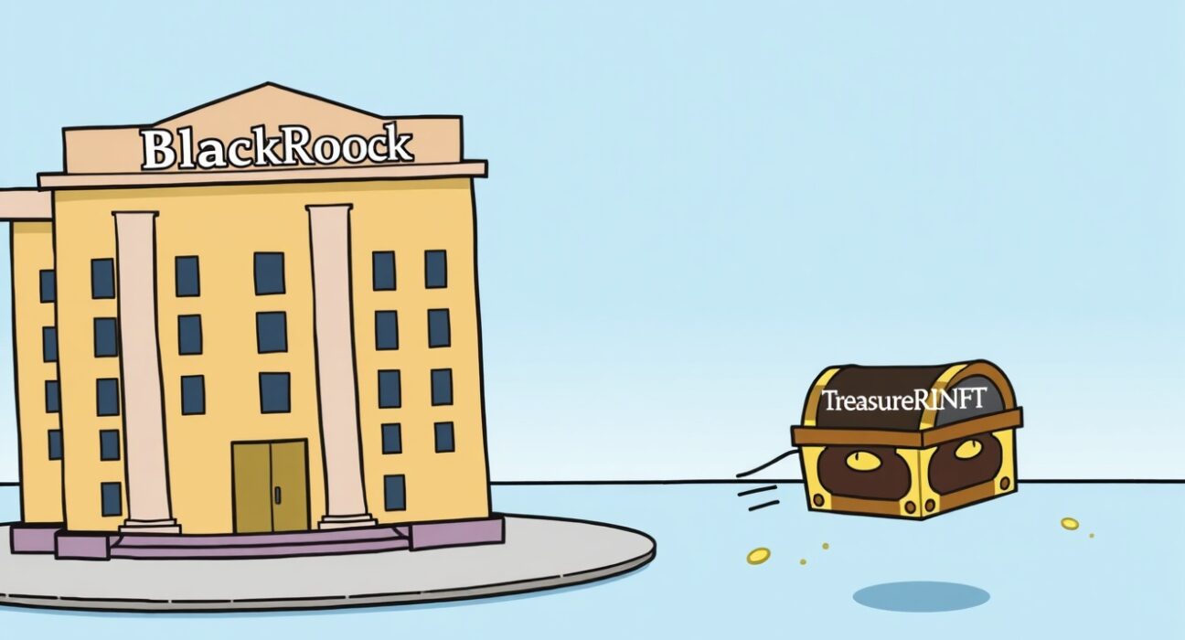 A cartoon illustration showing BlackRock denying the BlackRock TreasureNFT rumor, highlighting the lack of investment connection.