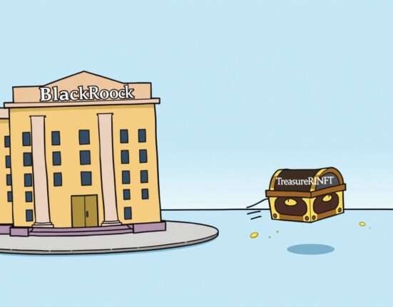 A cartoon illustration showing BlackRock denying the BlackRock TreasureNFT rumor, highlighting the lack of investment connection.