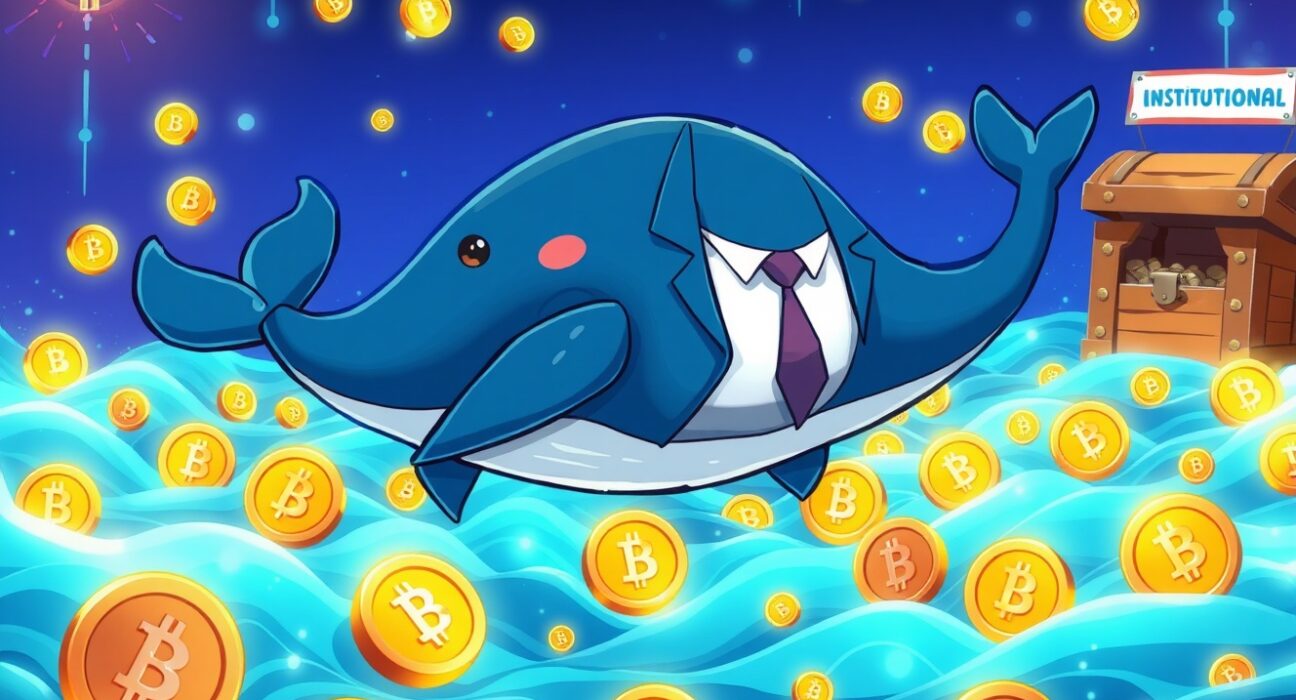 Cartoon illustration of a whale representing the BlackRock wallet acquiring Bitcoin and Ethereum treasure.