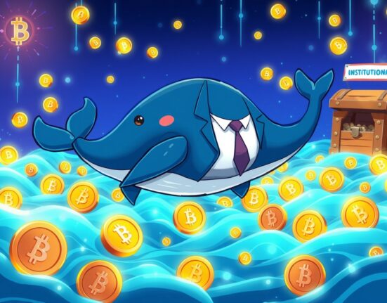 Cartoon illustration of a whale representing the BlackRock wallet acquiring Bitcoin and Ethereum treasure.