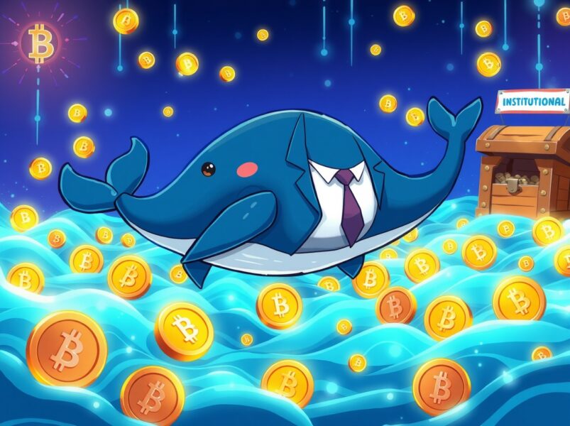 Cartoon illustration of a whale representing the BlackRock wallet acquiring Bitcoin and Ethereum treasure.