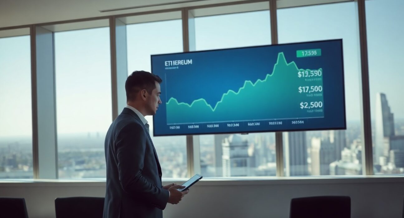Professional analyzing Bitcoin and Ethereum charts on a screen in a modern office