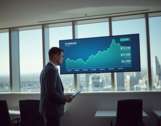Professional analyzing Bitcoin and Ethereum charts on a screen in a modern office