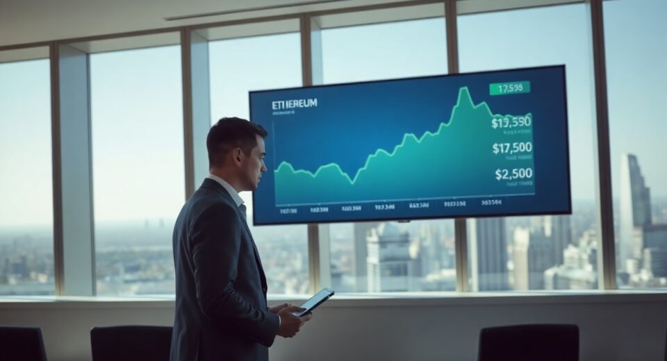 Professional analyzing Bitcoin and Ethereum charts on a screen in a modern office