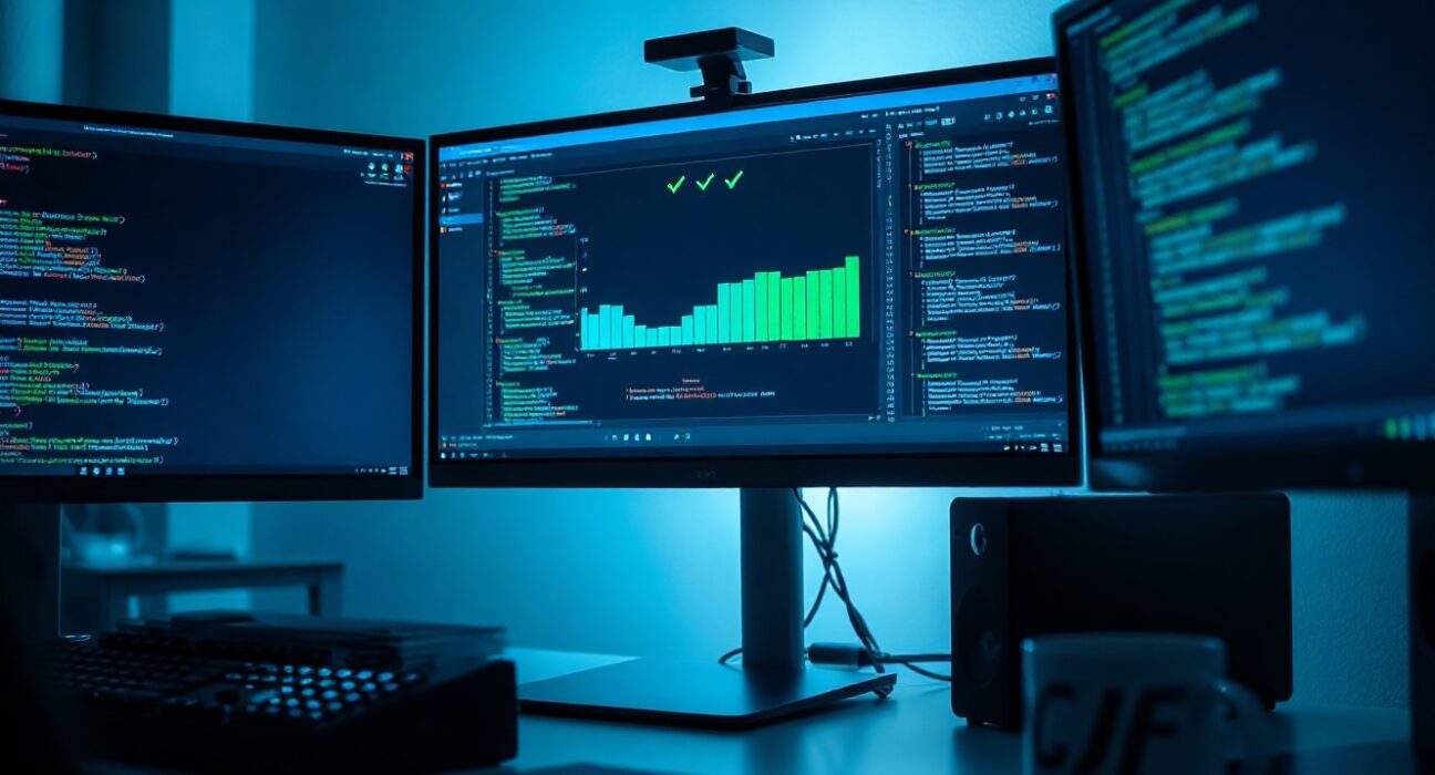 Developer workspace with code and automated test results on screen