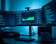 Developer workspace with code and automated test results on screen