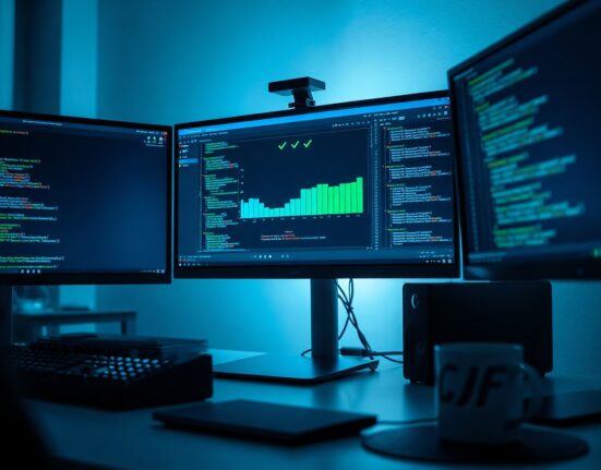 Developer workspace with code and automated test results on screen