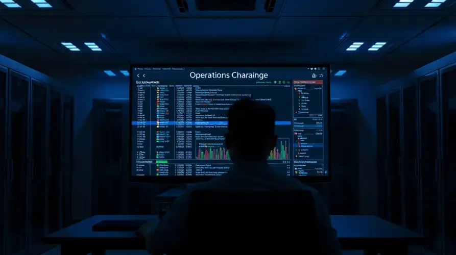 Computer monitor showing blockchain network data in a dimly lit operations room as Blast shuts down.