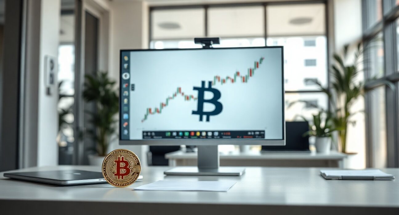 Bitcoin coin on a desk in a modern office, representing corporate investment