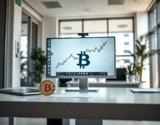 Bitcoin coin on a desk in a modern office, representing corporate investment