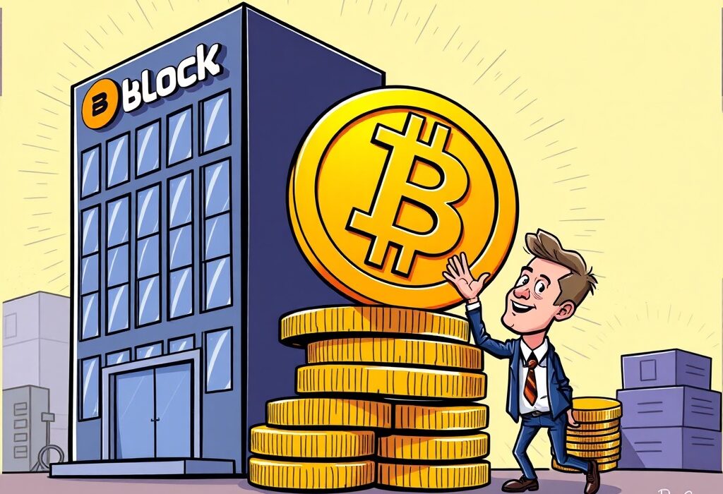 Cartoon illustration depicting Block's strategic increase in Block Bitcoin holdings, symbolizing corporate confidence in BTC.