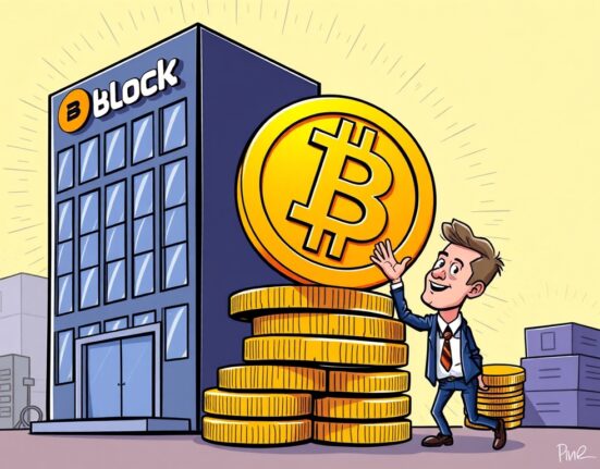 Cartoon illustration depicting Block's strategic increase in Block Bitcoin holdings, symbolizing corporate confidence in BTC.