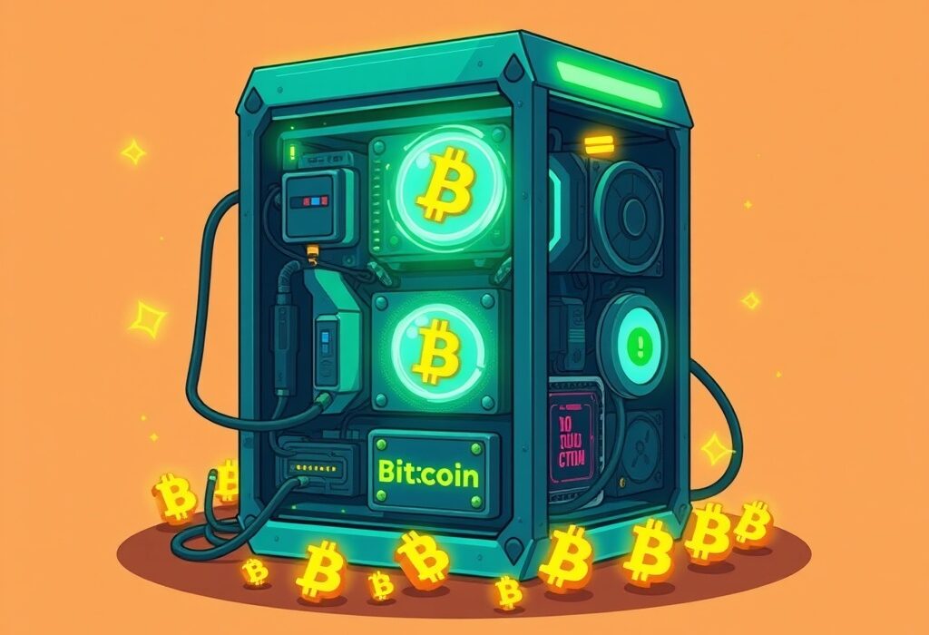 A vibrant cartoon of a futuristic, modular Bitcoin mining system, symbolizing innovation and efficiency in crypto mining.