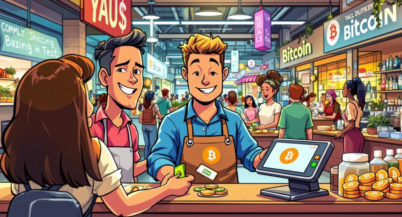 A cartoon illustration showing a merchant easily accepting Bitcoin payments from a customer using a digital terminal, symbolizing the integration of Bitcoin payments into commerce.