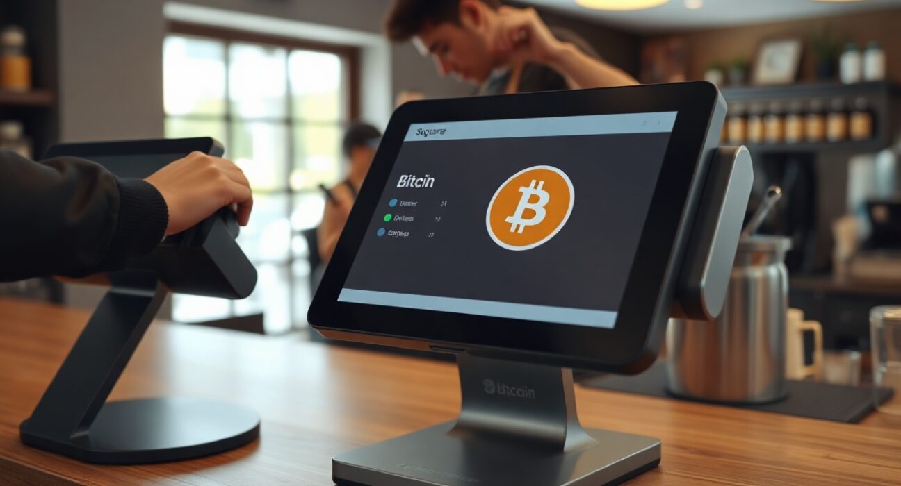 Square Register terminal showing Bitcoin payment option at a retail checkout counter