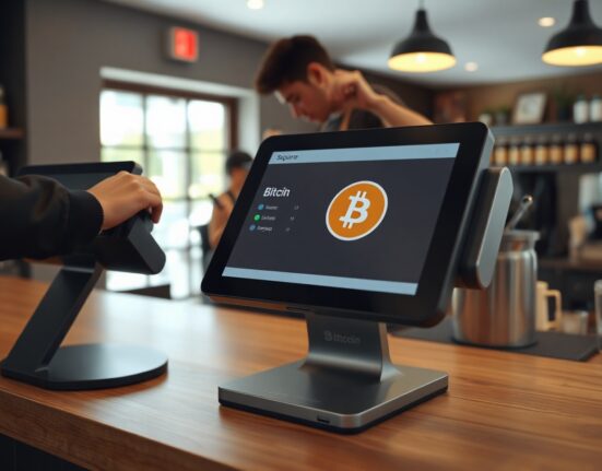 Square Register terminal showing Bitcoin payment option at a retail checkout counter