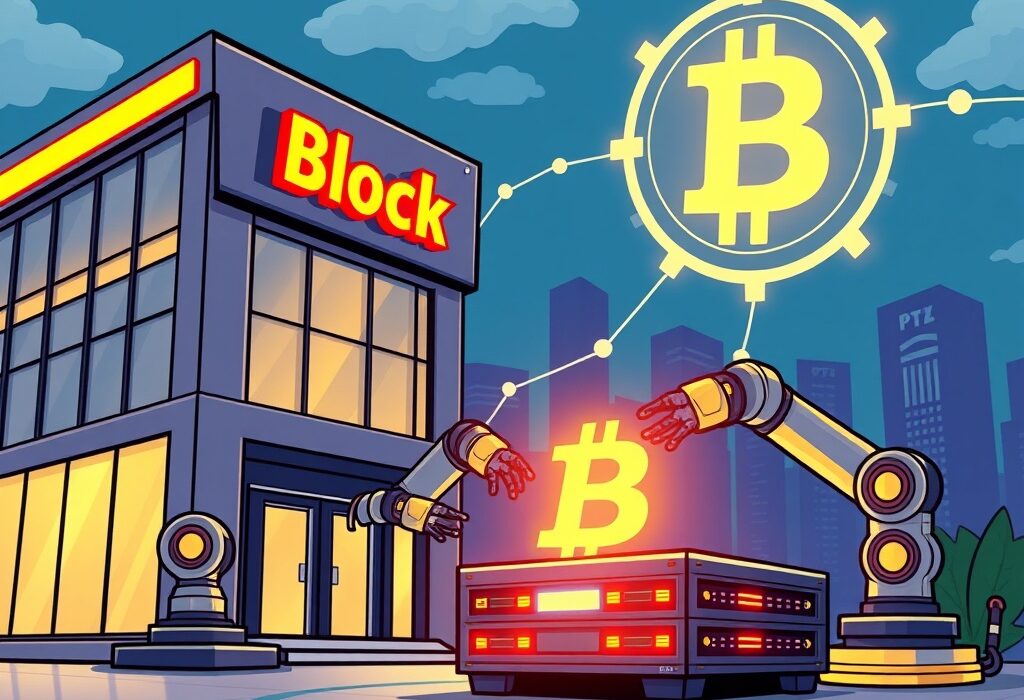 A cartoon image showing Block Inc. developing advanced Block mining chips to boost Bitcoin protocol efficiency and global digital finance.