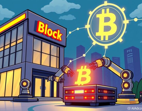 A cartoon image showing Block Inc. developing advanced Block mining chips to boost Bitcoin protocol efficiency and global digital finance.