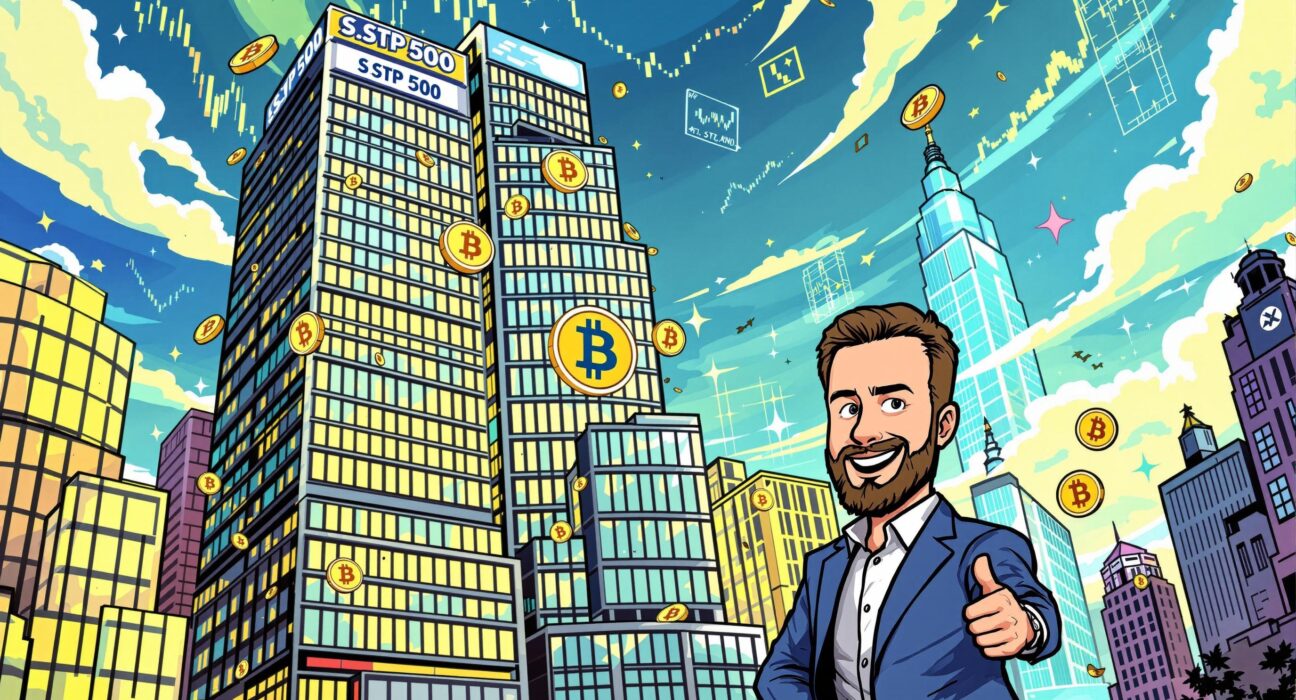 Cartoon illustration depicting Block's S&P500 inclusion, symbolizing a new era where digital assets meet traditional finance.