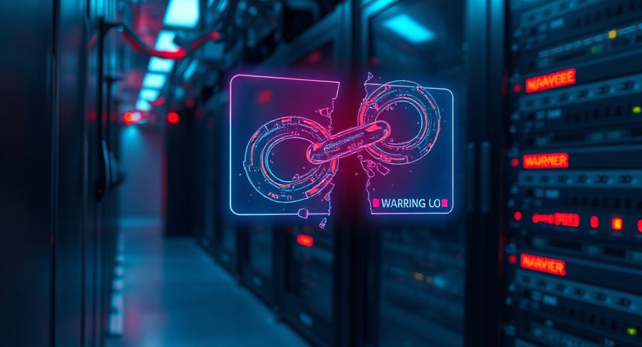 Holographic display of a broken digital chain in a dark server room, symbolizing a crypto protocol attack.