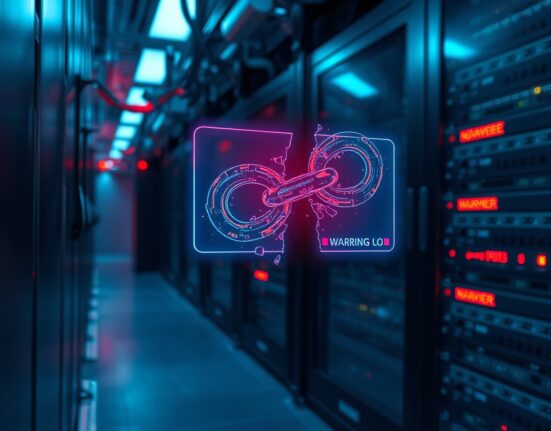Holographic display of a broken digital chain in a dark server room, symbolizing a crypto protocol attack.