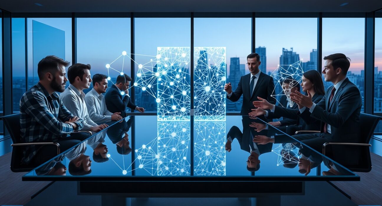 Two groups of professionals in a meeting room with separate holographic displays of blockchain and AI networks, symbolizing the integration gap.