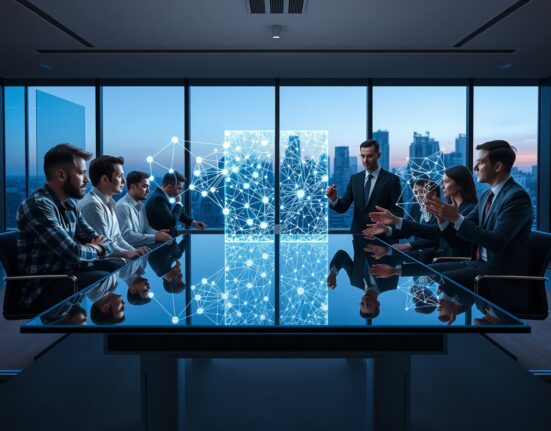 Two groups of professionals in a meeting room with separate holographic displays of blockchain and AI networks, symbolizing the integration gap.
