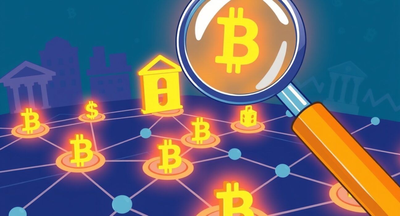 A cartoon illustration showing blockchain analytics tools diligently monitoring financial transactions to prevent illicit activity as mandated by NYDFS.