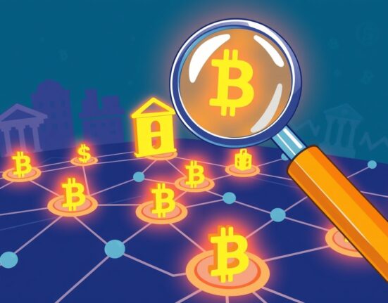 A cartoon illustration showing blockchain analytics tools diligently monitoring financial transactions to prevent illicit activity as mandated by NYDFS.