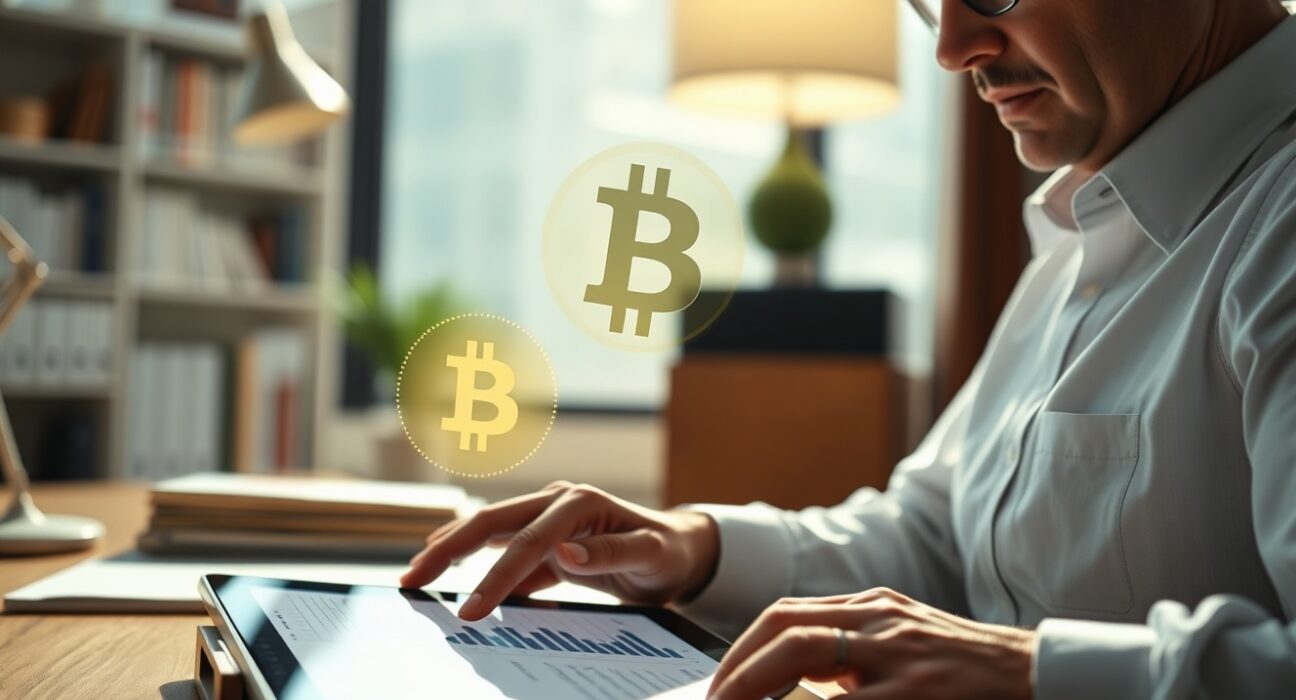 Fiduciary reviewing a digital retirement portfolio with a Bitcoin symbol on a tablet in a modern office.