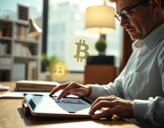 Fiduciary reviewing a digital retirement portfolio with a Bitcoin symbol on a tablet in a modern office.