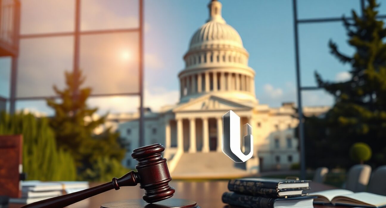 U.S. Capitol building with digital blockchain icons symbolizing crypto legislation and law enforcement oversight.