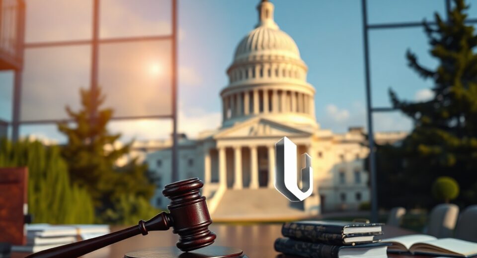 U.S. Capitol building with digital blockchain icons symbolizing crypto legislation and law enforcement oversight.
