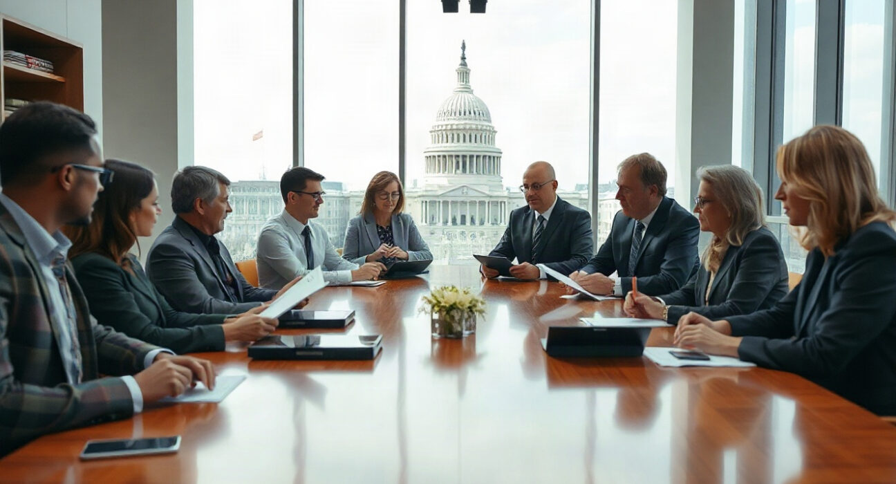 Policy experts discussing stablecoin regulations in a Washington D.C. meeting room with the Capitol in the background.