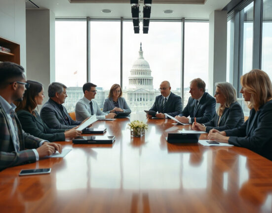Policy experts discussing stablecoin regulations in a Washington D.C. meeting room with the Capitol in the background.