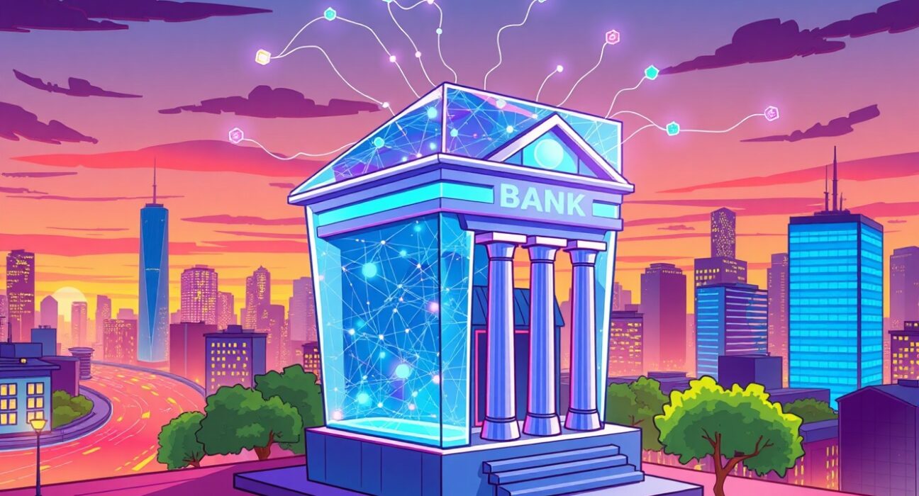A vibrant cartoon illustration of a revolutionary blockchain bank transforming digital finance with transparent operations.