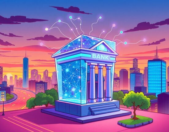 A vibrant cartoon illustration of a revolutionary blockchain bank transforming digital finance with transparent operations.